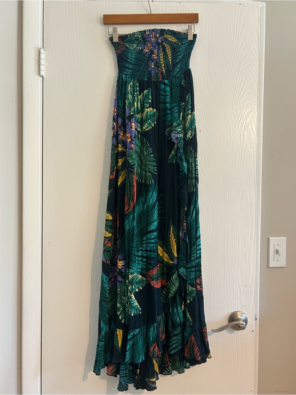 Patrons of Peace Tropical Smocked Maxi Dress in Teal & Green